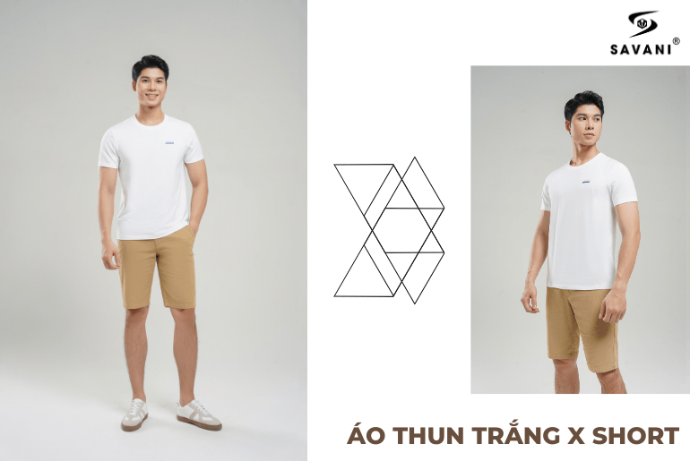 Phối đố giữa áo phông trắng và quần short