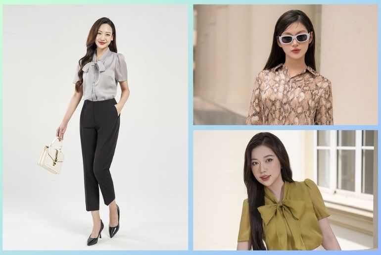 Quần âu đen và áo sơ mi cách điệu tạo nên phong cách sang trọng